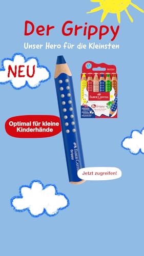Faber-Castell 110635 Set Grippy, 6 Jumbo Buntstifte für Kleinkinder, leicht abwaschbare Malstifte für Kinder, ergonomische dreieckige Form, dicke Buntstifte, 10mm dicke Mine, Anspitzer Inklusive