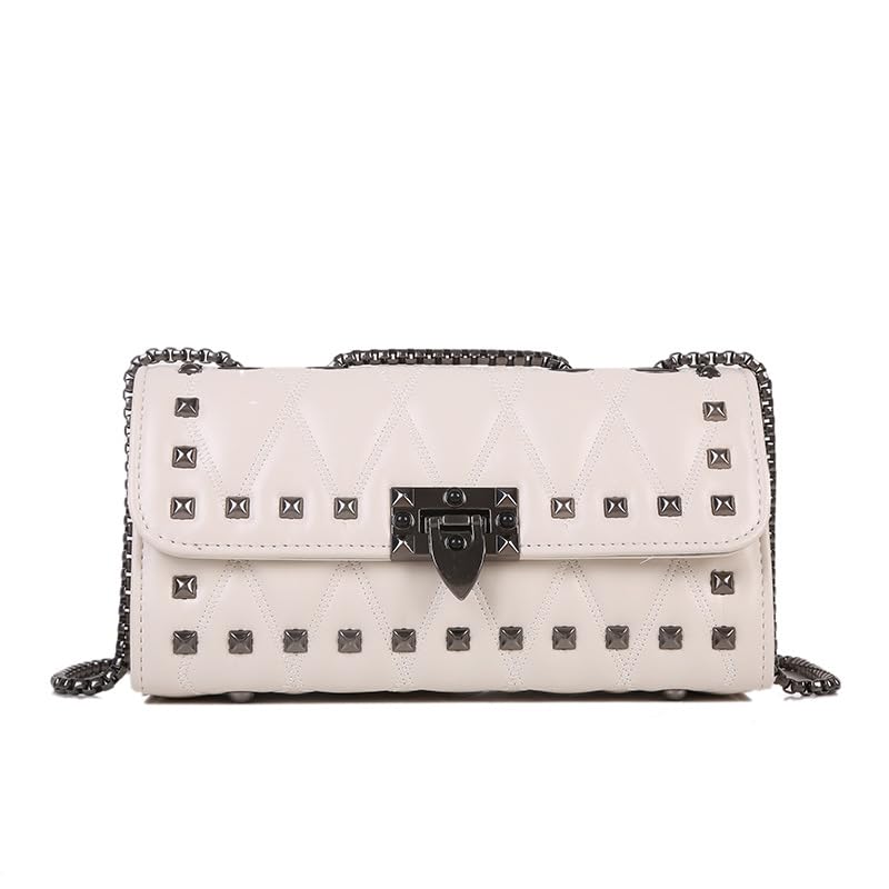 Women's Quilted Shoulder Bag Rivets Decor Medium Flap Leather Crossbody Handbag Chain Strap Stylish Clutch Purse