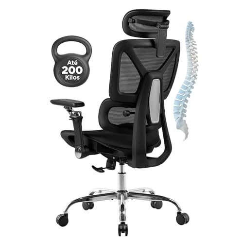 Cadeira Ergométrica Escritório Ajuste Lombar Mesh Malha Tecido Respirável Comfy Giratória Braços 6D Suporta 200 Kg Home Office Executiva Móveis Poltrona Gamer Estudo Confortável Ergonômica