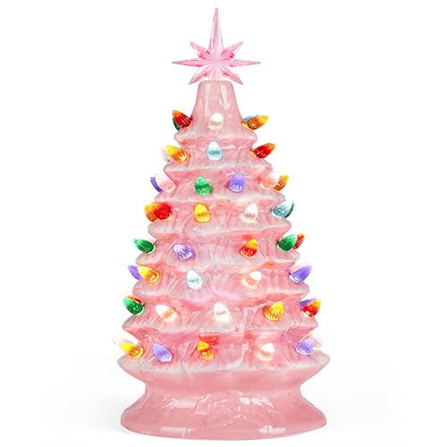 Joiedomi 15" Ceramic Christmas Tree, Table Top Christmas Decor with Star Topper, Vintage Pre-lit Xmas Tree with Multicolored LED Lights, Battery Operated Hand-Painted Xmas Decorations Indoor Home