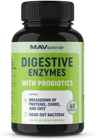 MAV NUTRITION Digestive Enzymes with Probiotics | Bloating Relief & Digestive Health for Women & Men | 400MG Enzyme Blend with Probiotic Strains for Digestion & Gut Health | 60 Ct.