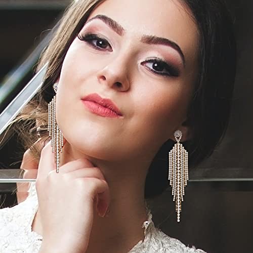 Jerywe Rhinestone Clip On Earrings For Women Crystal Bridal Wedding Chandelier Clip On Dangle Earrings Silver/Rose Gold/Gold/Black Rhinestone Tassel Clipon Earrings Women Dangle #TOP1