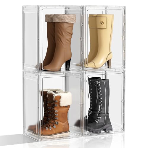 MSHOMELY Boot Storage Organizer Tall Boot Shoe Storage Box for Closet 4 Pack Super Large Plastic Boots Container for Storage Stackable Display Case for Collectibles Backpack Helmet White