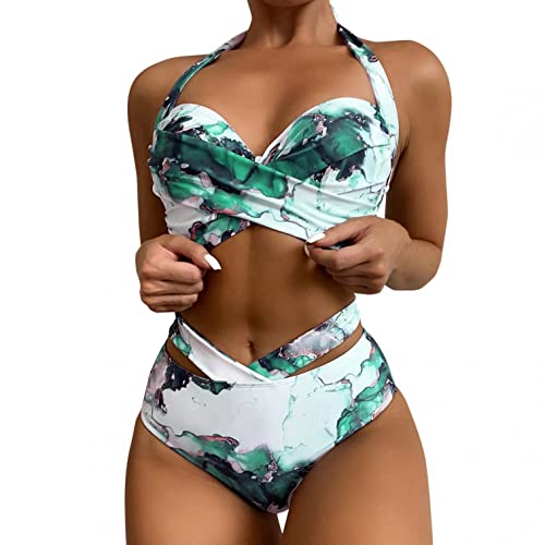 Conjunto de bikini para mujer, traje de baño de cintura alta para mujer, traje de baño azul para mujer, traje de baño para mujer, tankini para playa, traje de baño de color sólido verde, verde, XL