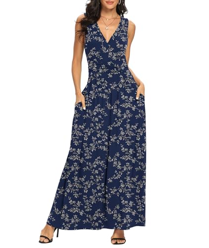 Image of LILBETTER Women Sleeveless Deep V Neck Loose Plain Long Maxi Casual Dress