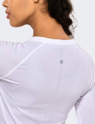 CRZ YOGA Women's Seamless Athletic Long Sleeves Sports Running Shirt Breathable Gym Workout Top White-Slim Fit Small
