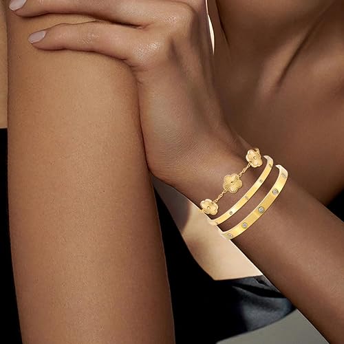 18K Gold Plated Womens Stackable Floral & Clover Bracelet Set - 5Pcs Stainless Steel Bangles, Non-Tarnish Trendy Jewelry | Gifts for Women's Day, Mother's Day, Christmas, Valentine's & Birthdays4