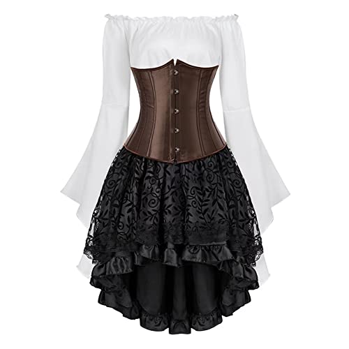 Jutrisujo Underbust Korsett Kleid Set Corset Dress Damen Corsagenkleid Corsage Spitzenrock und Bluse für Karneval Fasching Halloween Braun XS