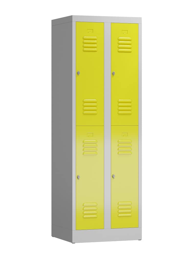 Lüllmann 4 Fächer Schließfachschrank Spind Kleiderspind 2 Abteile, 1800 x 600 x 500 mm (RAL 7035/1018 lichtgrau/zinkgelb)