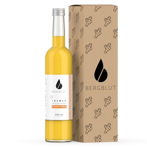 Bergblut Bio Ingwer Konzentrat mit Kurkuma 500ml Ingwerkonzentrat mit Kurkuma Zitronen & Limetten | hochwertiges Konzentrat für Golden Milk Limonade & als Shot | Vegan mit Agavendicksaft