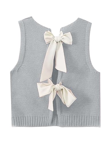 Lianlive Sweater Vest Top for Women Casual Crop Knit Cardigan Vest Bow Tie Back Knit Tank Tops (Gray-M)