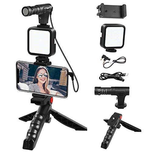 Microphone for iPhone Smartphone Video Microphone Kit with LED Light Tripod 3.5mm Jack External Mic for Interview Android Samsung Vloging YouTube Asmr