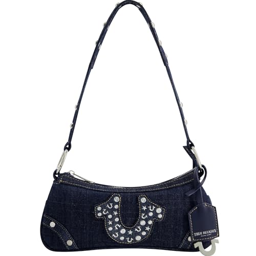 True Religion Women's Shoulder Bag Purse, Mini Travel Handbag with Studded Horseshoe Logo, Denim