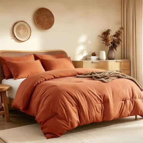 Image of Twin Comforter Set Prewashed Lightweight Quilted Bedding for All Season | 2PCS Terracotta Breathable Down Alternative Bedding Set with 1 Solid Comforter (68 inchx90 inch) and 1 Soft Pillowcases (20 inchx26 inch)