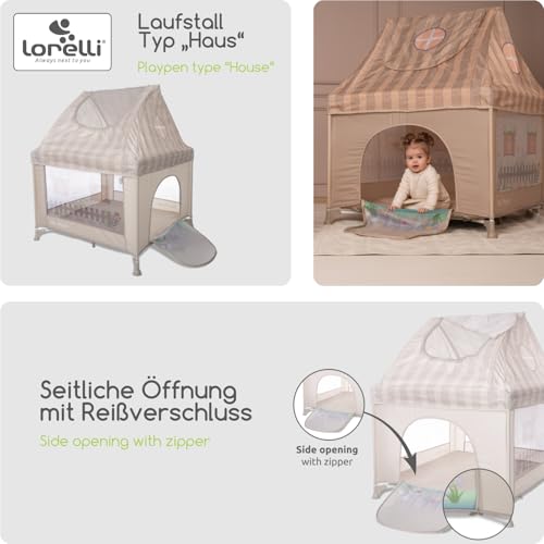 Lorelli Baby Laufstall My Place mit Dach, kleiner Laufgitter 100x100 cm, Absperrgitter mit atmungsaktivem Netz, Schutzgitter mit Reißverschlusstür, faltbarer Krabbelgitter, Beige