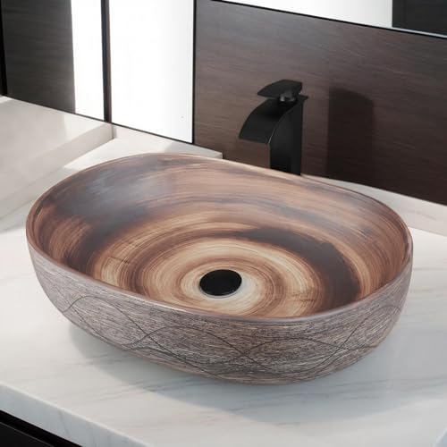 HM HomeMieco Fregadero de baño de 23 x 16 pulgadas con grifo de cascada y drenaje emergente, fregadero ovalado de cerámica sobre el mostrador, cuencos marrones