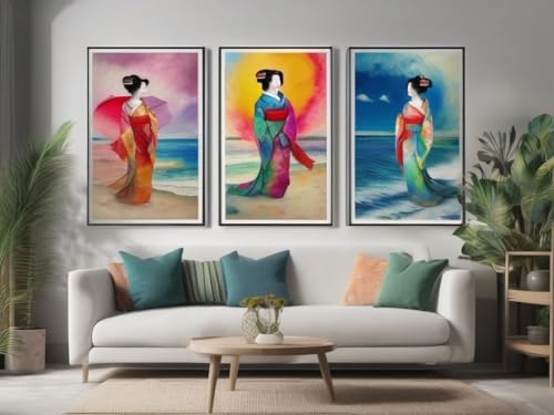 Affiche Chagall Three Geishas abstract triptyque poster mural 3x A4 impression toile BensArt