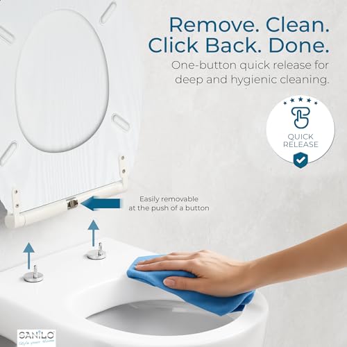 Image of Sanilo Wooden Toilet Seat with Quick Release & Soft Close [ROUND] - Decorative & Slow Close Molded Wood Seat - With One Click for Easy Installation & Cleaning - With Adjustable Fit (White Wood)