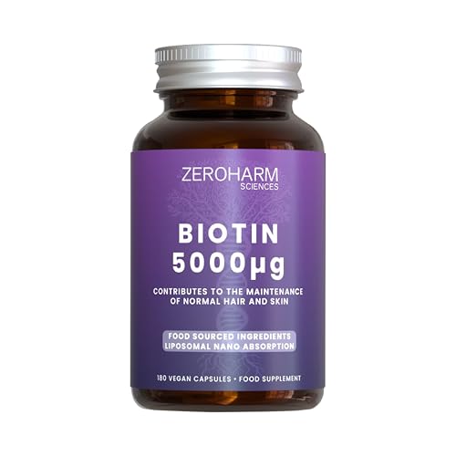 ZeroHarm Biotin 5000mcg – Plant-Based Biotin from Natural Extracts – Hair, Skin & Nails Vitamin – Liposomal Absorption – Powered by Real Food Ingredients – 180 Vegan Capsules