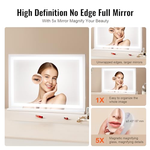 VEVOR Gran Espejo de Maquillaje Iluminado con Tres Modos de Iluminación de Color, LED Luces, Aumento de 5X, Puerto USB, Control Táctil Inteligente, Montaje en Pared de Escritorio, 800 x 120 x 572 mm - imagen 3