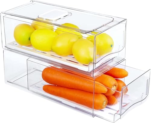 Malloom 2 organizadores de frigorífico, cajas de almacenamiento apilables de doble capa, transparentes para frigorífico, cajón y frigorífico, con tabla de goteo para armarios de cocina