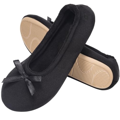 EverFoams Women's Satin Memory Foam Ballerina Slippers Cute House Shoes with Indoor Rubber Sole