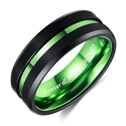 Custom Men's Black Tungsten Rings Blue/Rose Gold/Multi-Color/Gold/Green/Red/Purple Plated Grooved Personalized Wedding Bands Black Matte Finish Beveled Edges Size 4 to 17