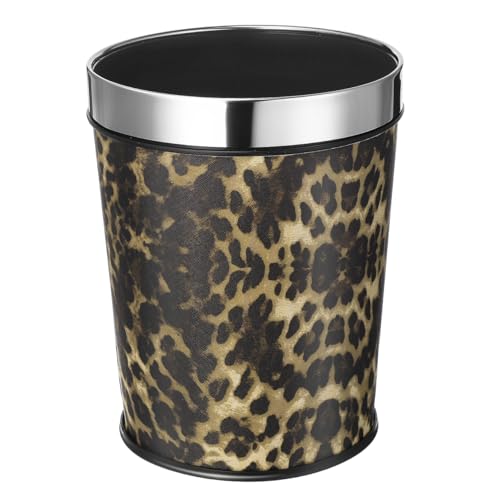 Image of COHEALI Leopard Print Trash Can 5L Retro Stainless Steel Bathroom Wastebasket with Fixing Ring, Small Garbage Can for Bedroom Office Kitchen, Animal Print Decorative Waste Bucket 10.03x7.87in