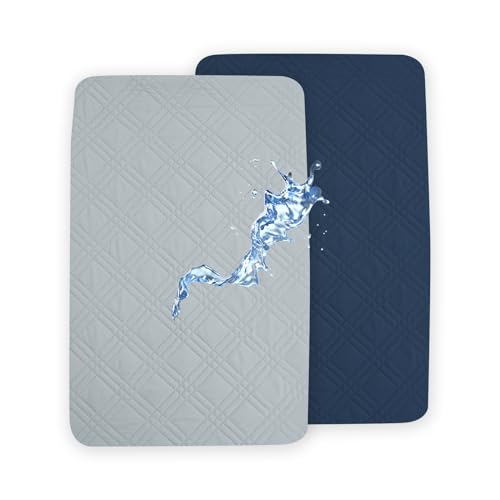 Image of david's kids 2 Pack Waterproof Mini Crib Mattress Protector, Fit Pack N Play, Playard and Mini Crib Mattresses, Ultra Soft Breathable Pad Cover for Boys Girls Neutral, Grey & Navy Blue Checker