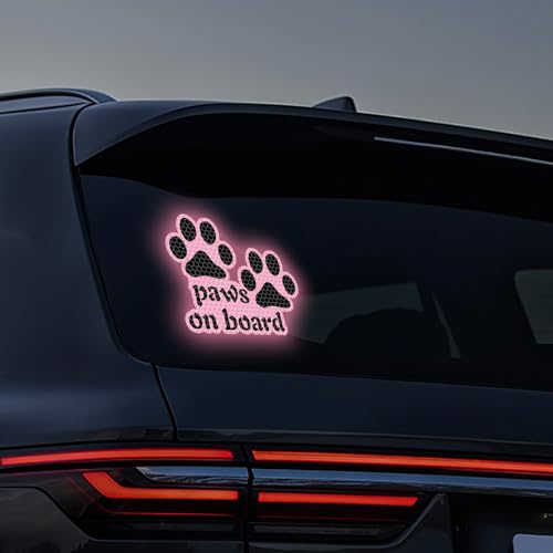 Image of 2pcs Reflective Paw Print Decal Dog Paws on Board Car Window Sticker Safety Warning Sign Stickers Funny Reflective Vinyl Stickers for Car Motorcycles Laptop (Pink)