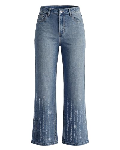 GRAPENT Rhinestone Jeans for Women High Waist Wide Leg Sparkly Denim Pants - image 1