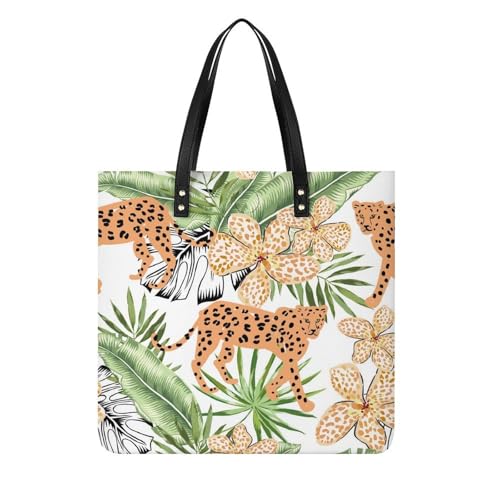 Sac shopping feuille verte léopard pour femmes | Grand tote bag de voyage 39x39cm