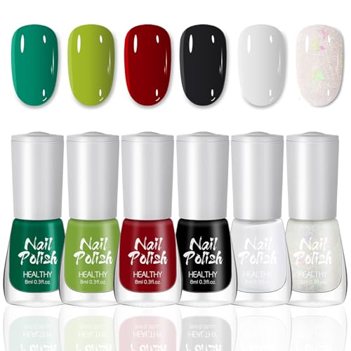 6 Farben Nagellack Set - Atmungsaktiv Schnell Trocknend Nagellacke - Ungiftig Nagellack auf Wasserbasis - Weiß Grüner Rot Schwarz Klar Schimmer Nail Polish für Frauen DIY Maniküre (Multicolored)
