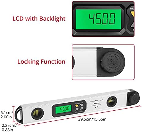 Protractor, XUNTOP Aluminum Digital Angle Finder 225°16 inch/400mm Backlit LCD Digital Protractor Spirit Level Angle Finder Gauge Meter with Horizontal and Vertical Bubble and Portable Bag