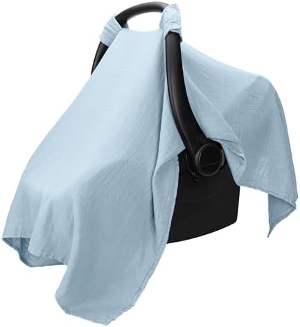 Muslin Cotton Baby Car Seat Cover, Universal Fit Carseat Canopy Covers for Babies, Girls and Boys by Comfy Cubs (Sky Blue)