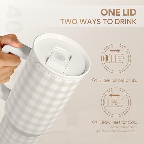 Image of SANDJEST Grey Gingham 40oz Slider Tumbler with Handle and Straw - Insulated Stainless Steel Travel Coffee Mug for Women Girls, Gift for Birthday, Christmas