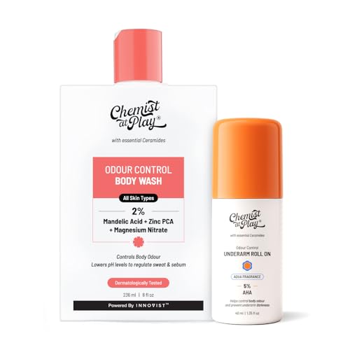 Image of Chemist At Play Odour Control Body Wash & Aqua Fragrance UnderArm Roll-On Combo | Controls Odour, Regulates Sweat & Sebum | Exfoliates & Brightens | Alcohol-Free | For Sensitive Skin | 236ml & 40ml
