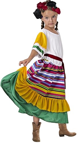 Gojoy shop-Disfraz de Vestido Tradicional Mexicana para Niñas,Estilo Nacional,Manga Larga Carnaval Halloween (Contiene:Vestido,Cinturón,Diatema y Mochila de Cuerdas.) (7-9 años)