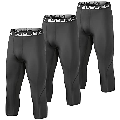 BUYJYA Paquete de 3 pantalones de compresión 3/4 para hombre, mallas de entrenamiento, atléticas, frescas, secas, yoga, gimnasio, regalo, Negro, negro, negro, XX-Large Cover