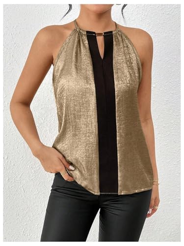 SOLY HUX Women's Metallic Sleeveless Shirts Color Block Halter Neck Tunic Top Party Club Blouses3