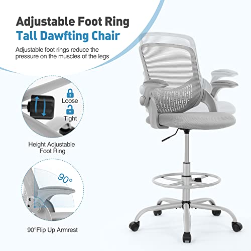 Drafting Chair With Flip-Up Armrests And Foot-Ring, Tall Office Chair For Standing Desk Adjustable Height Office Desk Chair For Home Office, Breathable Mesh Swivel Rolling Tall Chair Grey #TOP2