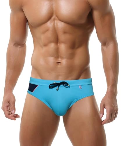 Panegy Mens Triangle Swimming Briefs with Pad Drawstring Cheeky Beach Swimwear Sports Shorts Swim Trunks Nylon Bath Suit Bikini Briefs Underwear Low Rise Blue