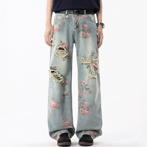 Vintage Cute High Waisted Straight Leg Jeans Casual Y2K Flower Printed Fringe Ripped Streetwear Denim Pants2