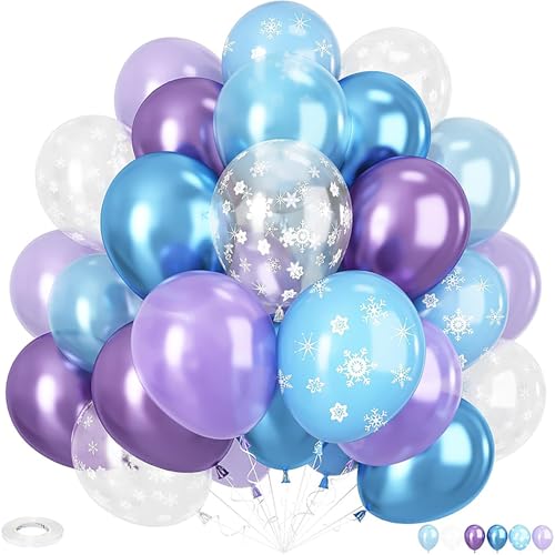 Lot de 70 ballons gonflables en latex de 30 cm avec confettis et flocons de neige bleus violets blancs pour décoration d'anniversaire de mariage et de fête...