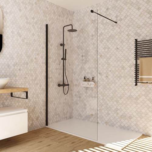 BAIKAL Mampara de Ducha. Panel Fijo de 110cm. Perfil Negro Mate. Cristal Transparente Templado 8mm de espesor. Tratamiento Antical. Alto 195 cm. Brazo adaptable 60-100cm.