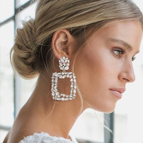 Rhinestone Crystal Geometric Earrings for Women, Statement Square Drop Dangle Chandelier Costume Jewelry2