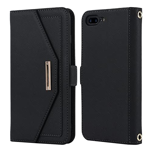Image of Crossbody Wallet for iPhone 7 Plus /iPhone 8 Plus Case with Adjustable Lanyard Strap Credit Card Holder 5.5 inch,PU Leather Handbag Purse Kickstand Make Up Mirror Cover Case for Men Women Girl,Black
