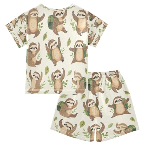 Sloth with Leaf Kids Pjs Set Boys Girls Summer Short-Sleeve Sleepwear Pajamas 2PCS2
