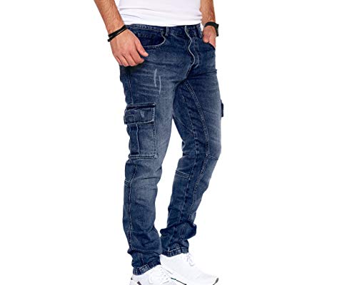 Styleko Herren Cargo Jeans Hose für Männer Jungen Regular Slim fit Denim Destroyed Jogger Freizeithose Casual Jeans Pants Jeans Herren Stretch| 7 Taschen 8003 (Dark Blue, 36/32)
