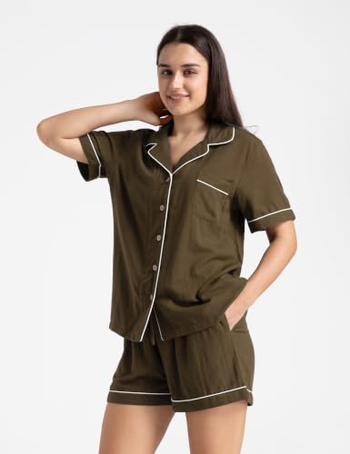 Image of Womens Muslin Pajama Set 100% Cotton Double Gauze Linen Like Breathable Soft Button Up Loungewear Sleepwear PJ Set